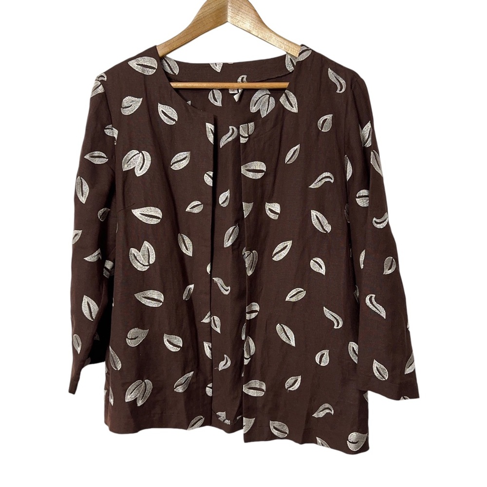 Jennifer Eden Brown Linen Jacket Womens Size 14 Silver Embroidered Leaves